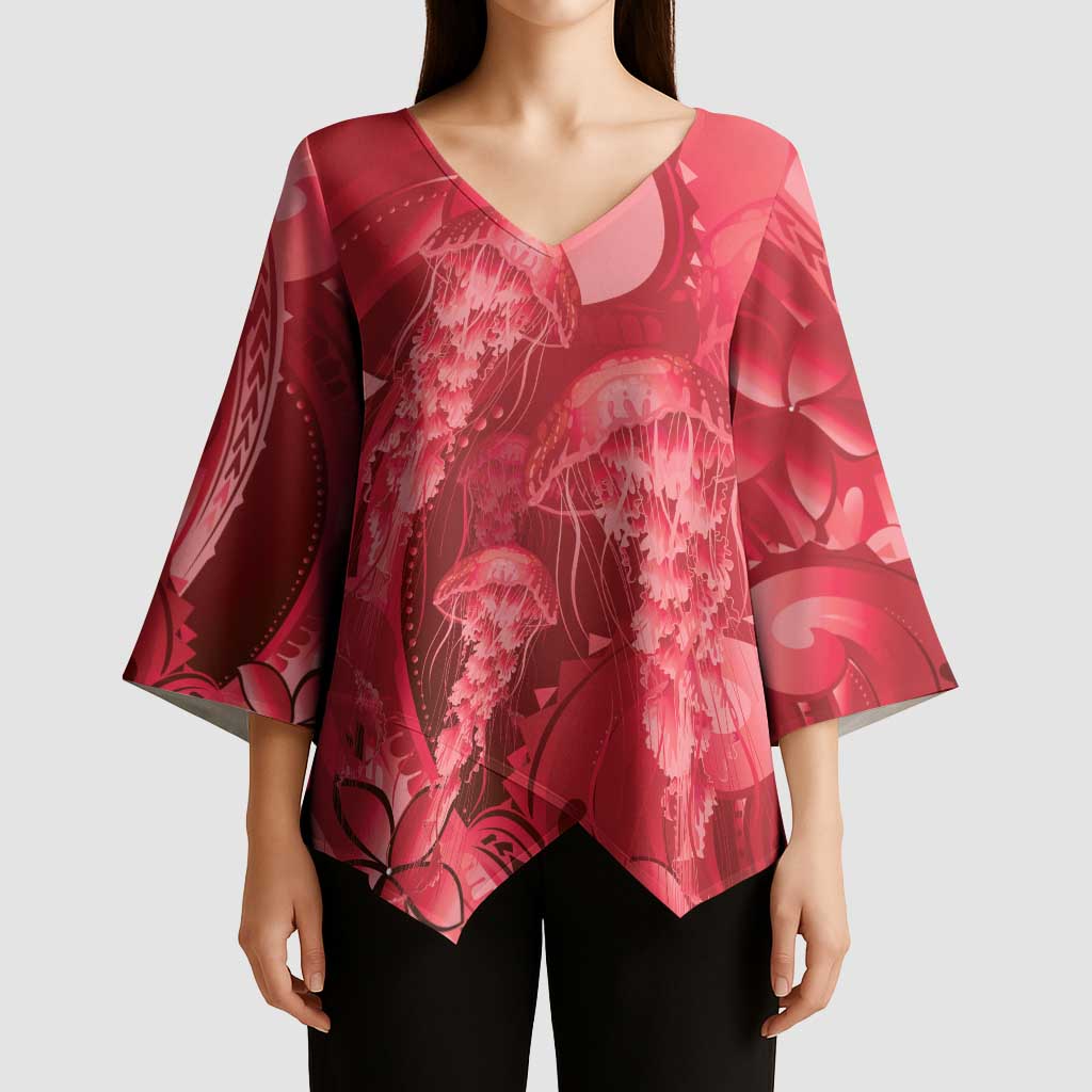 Red Gradient Polynesia Jellyfish Kimono Sleeve Blouse Plumeria Polynesian Tattoo Glowing Vibes