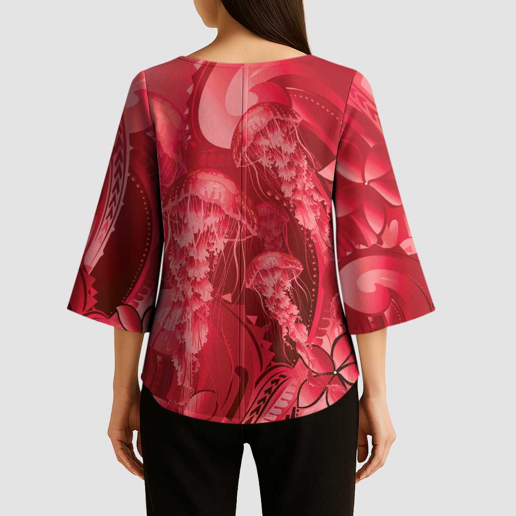 Red Gradient Polynesia Jellyfish Kimono Sleeve Blouse Plumeria Polynesian Tattoo Glowing Vibes