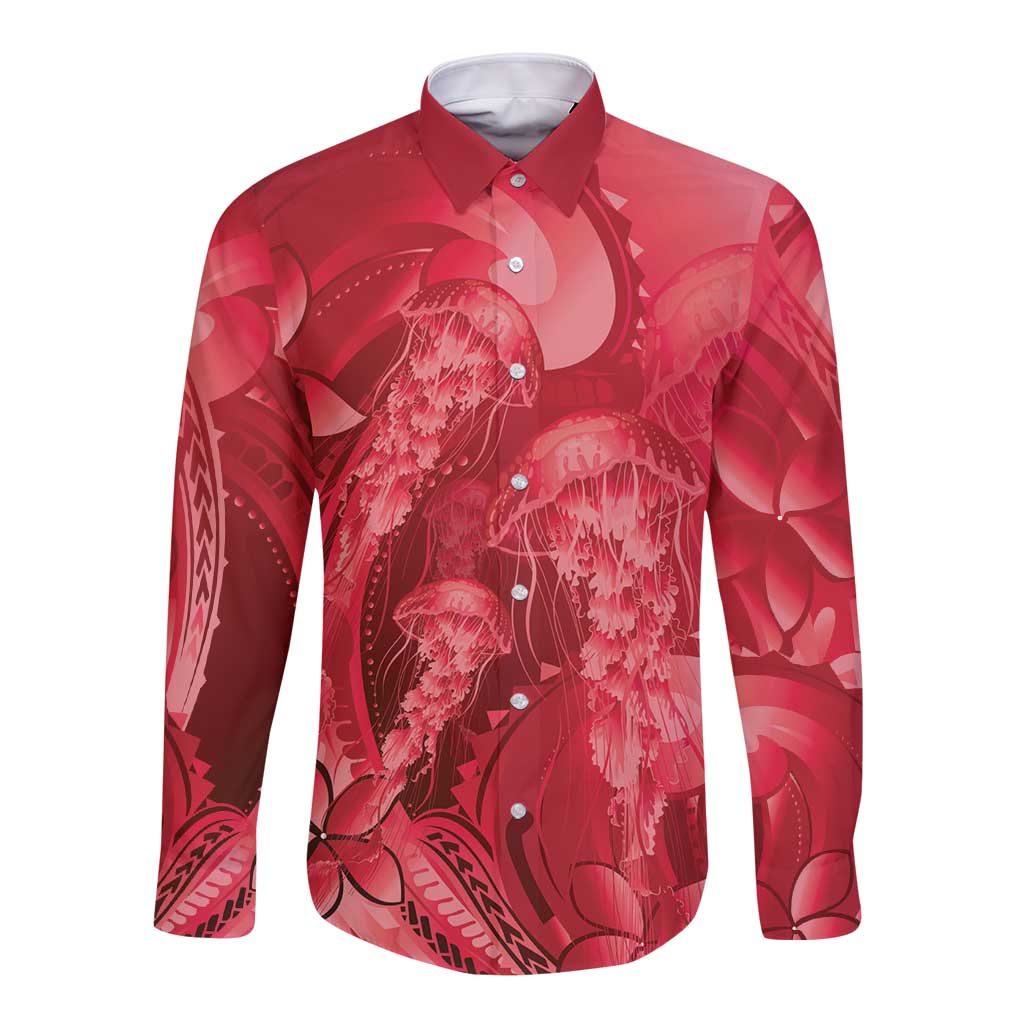 Red Gradient Polynesia Jellyfish Long Sleeve Button Shirt Plumeria Polynesian Tattoo Glowing Vibes