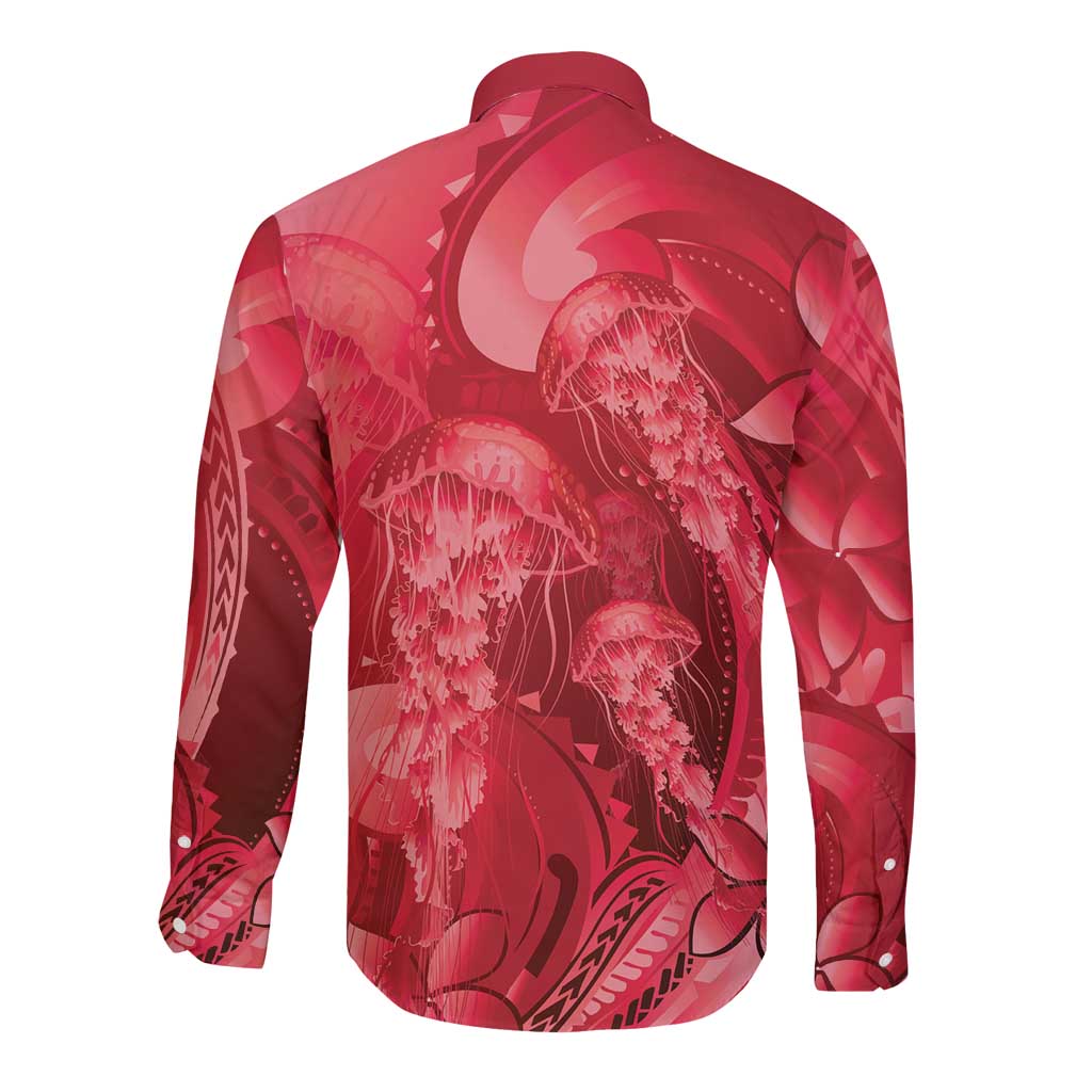 Red Gradient Polynesia Jellyfish Long Sleeve Button Shirt Plumeria Polynesian Tattoo Glowing Vibes