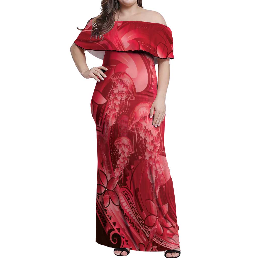 Red Gradient Polynesia Jellyfish Off Shoulder Maxi Dress Plumeria Polynesian Tattoo Glowing Vibes