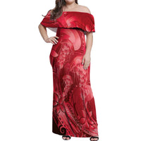 Red Gradient Polynesia Jellyfish Off Shoulder Maxi Dress Plumeria Polynesian Tattoo Glowing Vibes