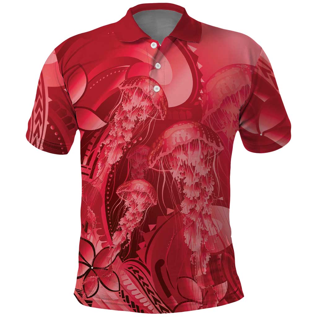 Red Gradient Polynesia Jellyfish Polo Shirt Plumeria Polynesian Tattoo Glowing Vibes