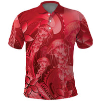 Red Gradient Polynesia Jellyfish Polo Shirt Plumeria Polynesian Tattoo Glowing Vibes