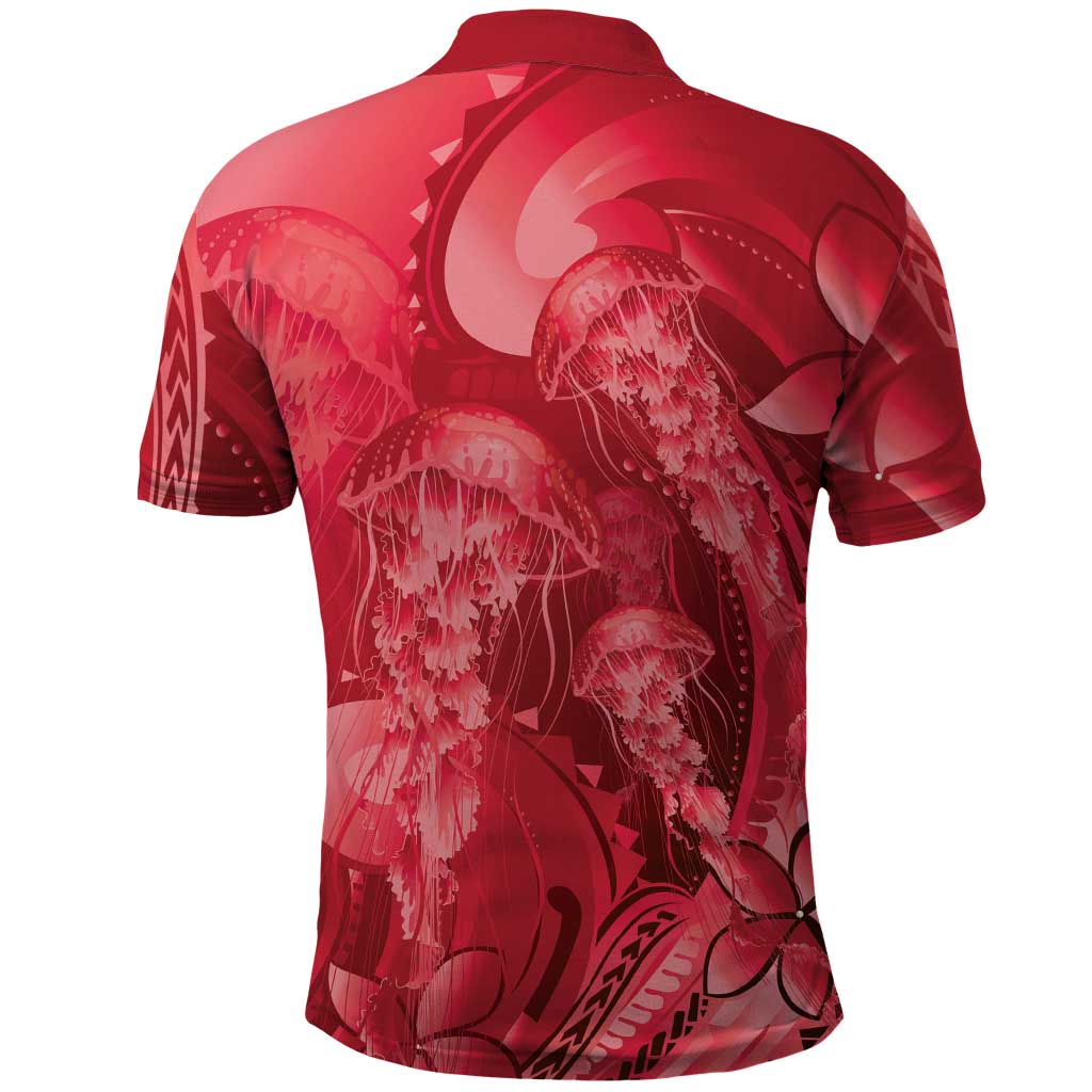 Red Gradient Polynesia Jellyfish Polo Shirt Plumeria Polynesian Tattoo Glowing Vibes