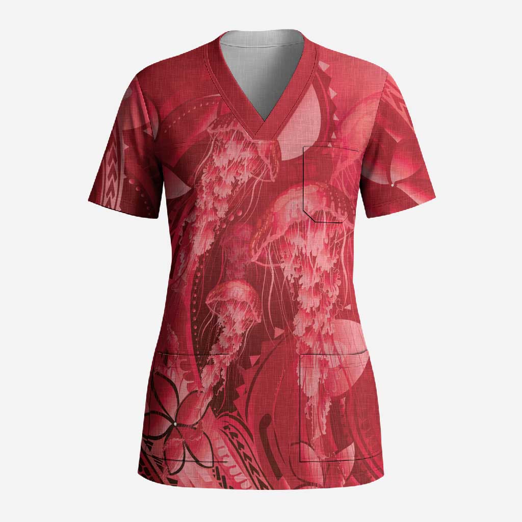 Red Gradient Polynesia Jellyfish Scrub Top Plumeria Polynesian Tattoo Glowing Vibes