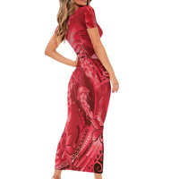 Red Gradient Polynesia Jellyfish Short Sleeve Bodycon Dress Plumeria Polynesian Tattoo Glowing Vibes LT14 - Polynesian Pride