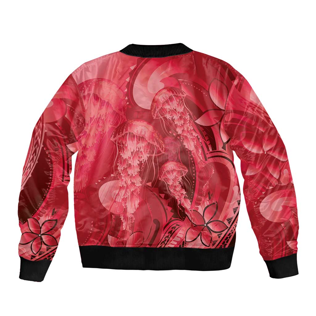 Red Gradient Polynesia Jellyfish Sleeve Zip Bomber Jacket Plumeria Polynesian Tattoo Glowing Vibes