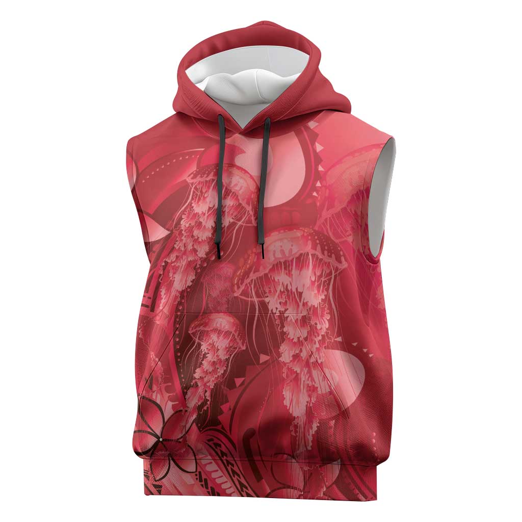 Red Gradient Polynesia Jellyfish Sleeveless Hoodie Plumeria Polynesian Tattoo Glowing Vibes