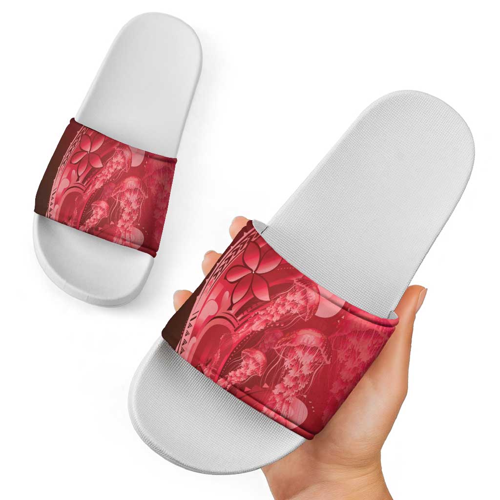 Red Gradient Polynesia Jellyfish Slide Sandals Plumeria Polynesian Tattoo Glowing Vibes LT14 - Polynesian Pride