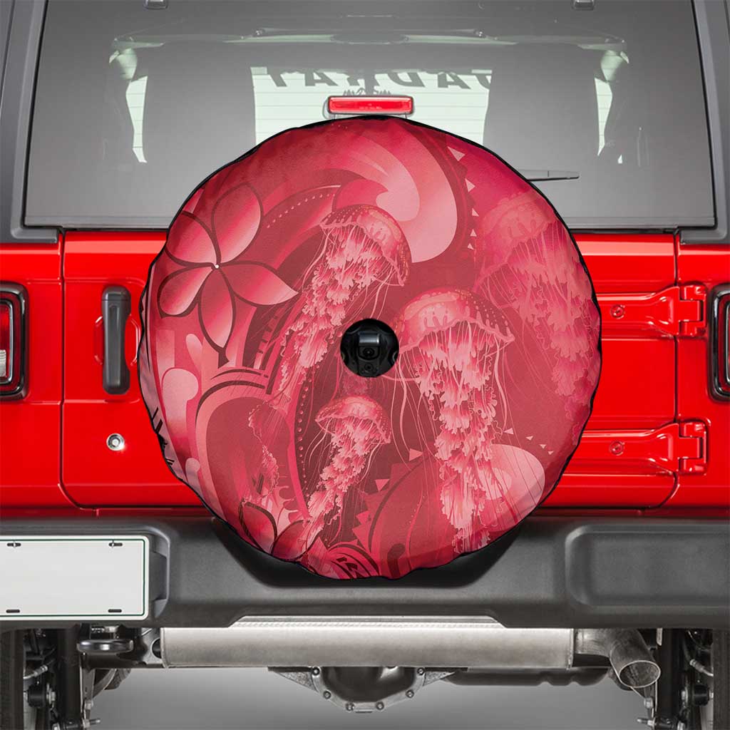 Red Gradient Polynesia Jellyfish Spare Tire Cover Plumeria Polynesian Tattoo Glowing Vibes