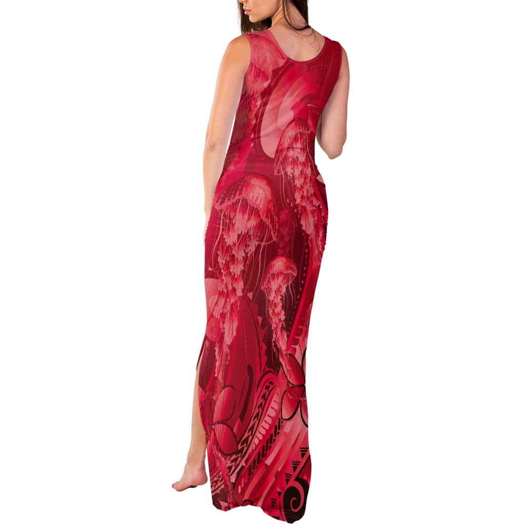 Red Gradient Polynesia Jellyfish Tank Maxi Dress Plumeria Polynesian Tattoo Glowing Vibes