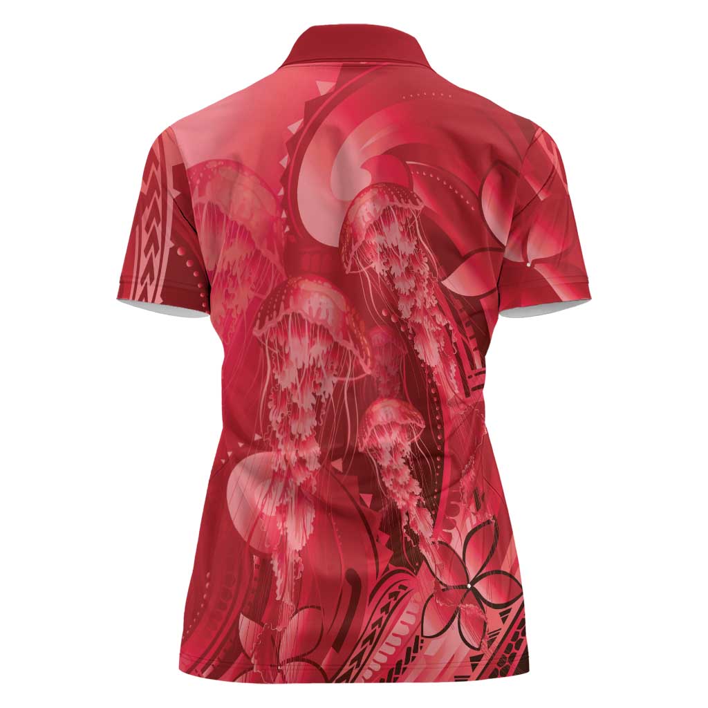 Red Gradient Polynesia Jellyfish Women Polo Shirt Plumeria Polynesian Tattoo Glowing Vibes LT14 - Polynesian Pride