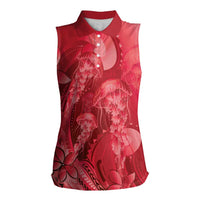 Red Gradient Polynesia Jellyfish Women Sleeveless Polo Shirt Plumeria Polynesian Tattoo Glowing Vibes