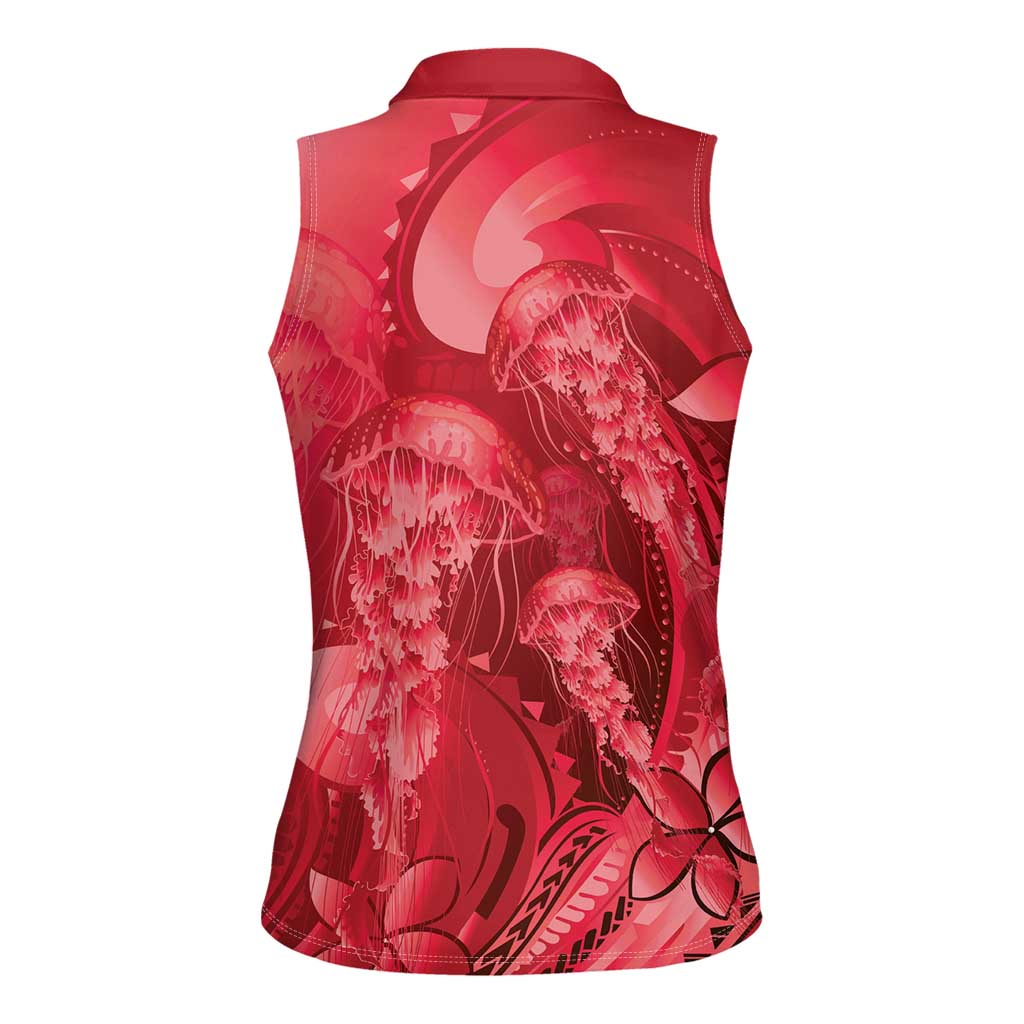 Red Gradient Polynesia Jellyfish Women Sleeveless Polo Shirt Plumeria Polynesian Tattoo Glowing Vibes