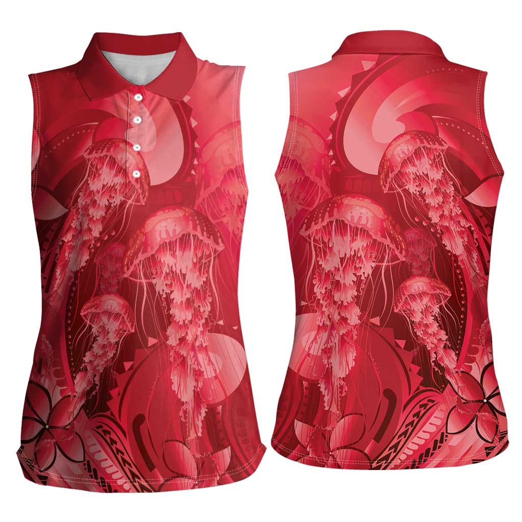 Red Gradient Polynesia Jellyfish Women Sleeveless Polo Shirt Plumeria Polynesian Tattoo Glowing Vibes