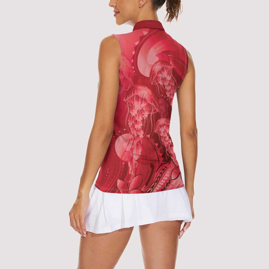 Red Gradient Polynesia Jellyfish Women Sleeveless Polo Shirt Plumeria Polynesian Tattoo Glowing Vibes