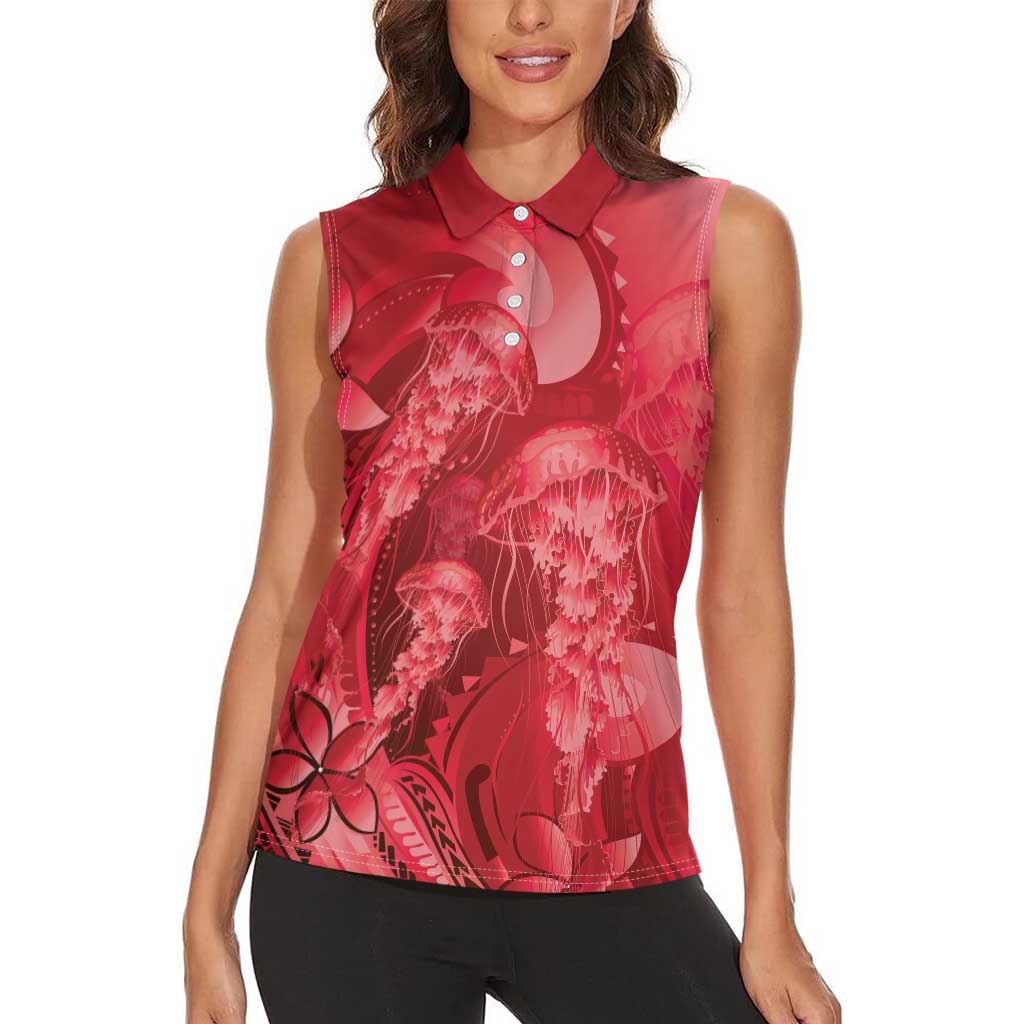 Red Gradient Polynesia Jellyfish Women Sleeveless Polo Shirt Plumeria Polynesian Tattoo Glowing Vibes