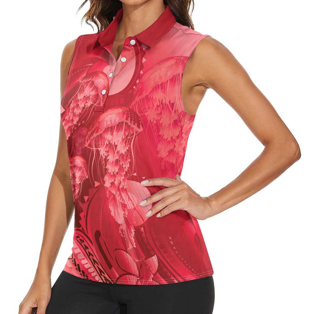 Red Gradient Polynesia Jellyfish Women Sleeveless Polo Shirt Plumeria Polynesian Tattoo Glowing Vibes