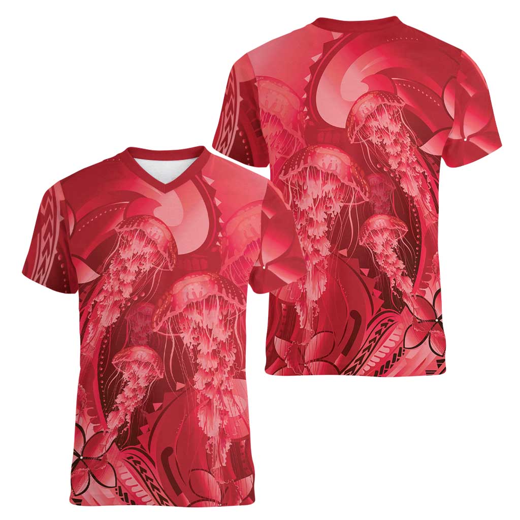 Red Gradient Polynesia Jellyfish Women V-Neck T-Shirt Plumeria Polynesian Tattoo Glowing Vibes