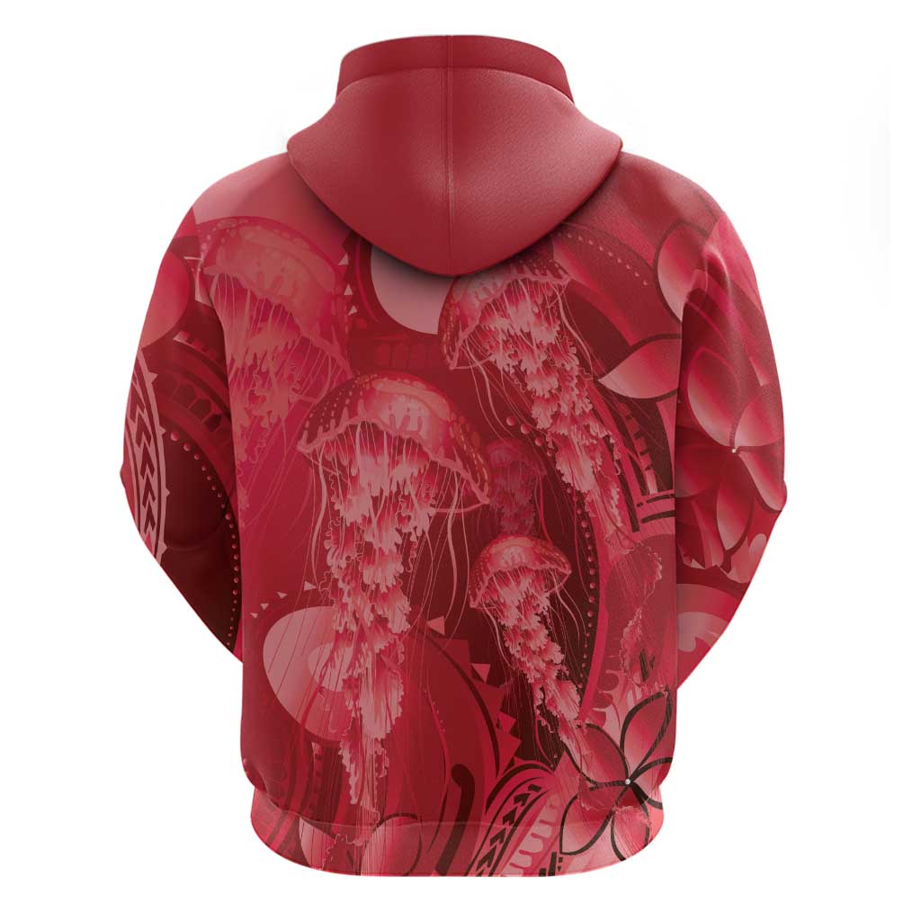Red Gradient Polynesia Jellyfish Zip Hoodie Plumeria Polynesian Tattoo Glowing Vibes