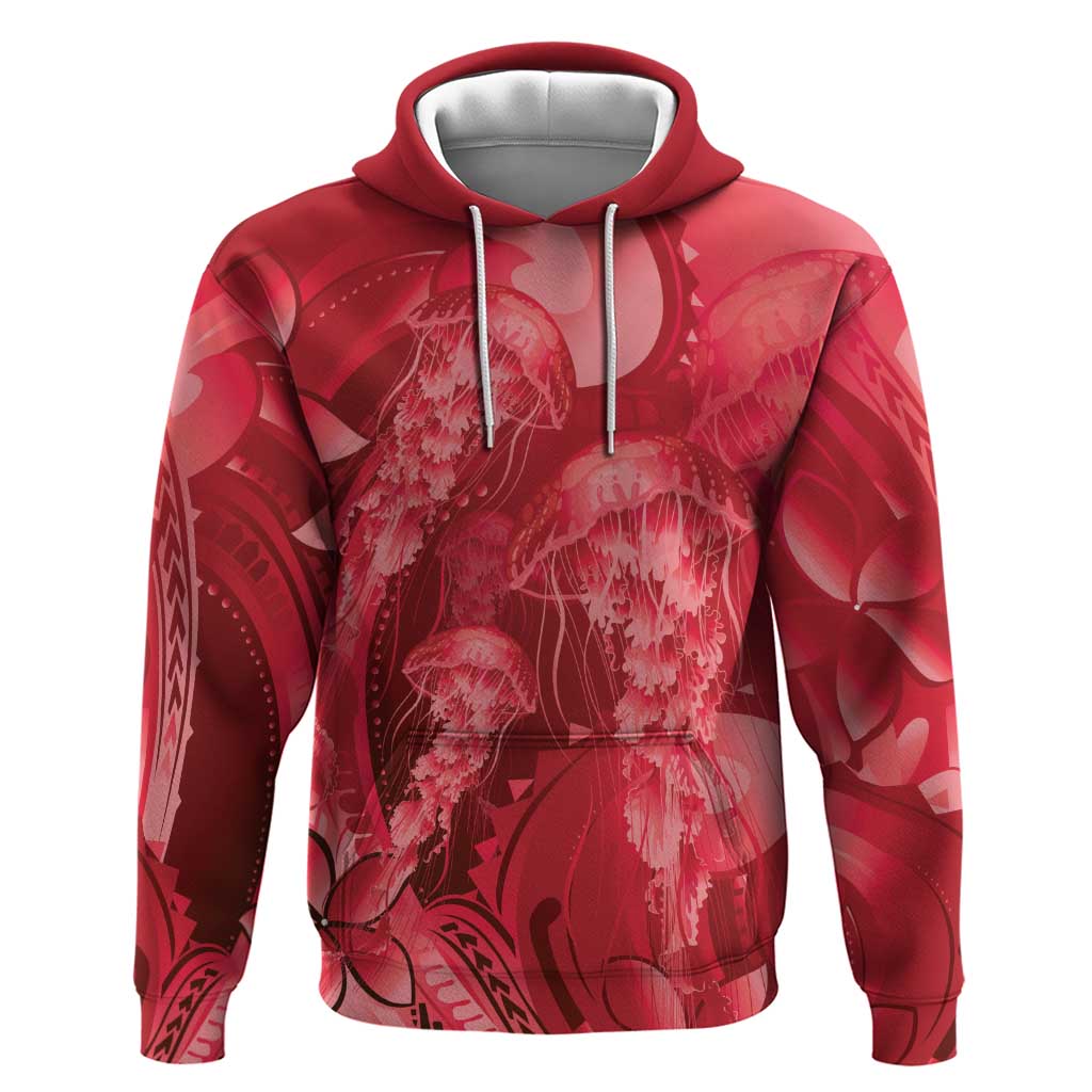 Red Gradient Polynesia Jellyfish Zip Hoodie Plumeria Polynesian Tattoo Glowing Vibes