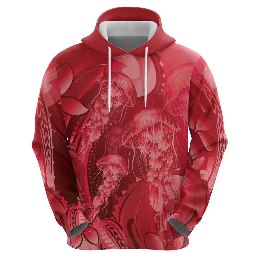 Red Gradient Polynesia Jellyfish Zip Hoodie Plumeria Polynesian Tattoo Glowing Vibes