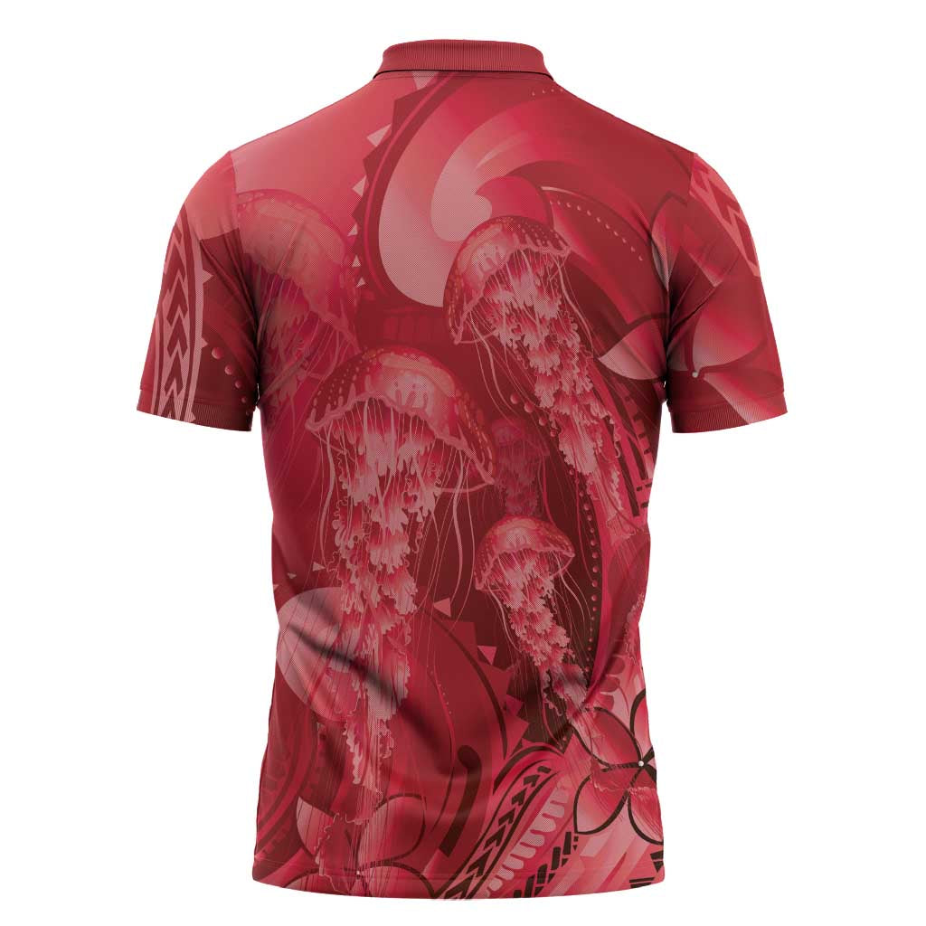 Red Gradient Polynesia Jellyfish Zipper Polo Shirt Plumeria Polynesian Tattoo Glowing Vibes