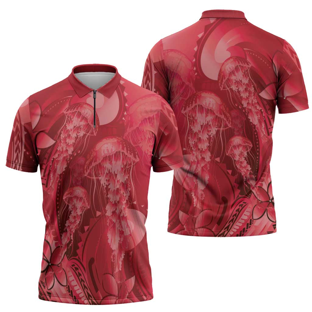 Red Gradient Polynesia Jellyfish Zipper Polo Shirt Plumeria Polynesian Tattoo Glowing Vibes
