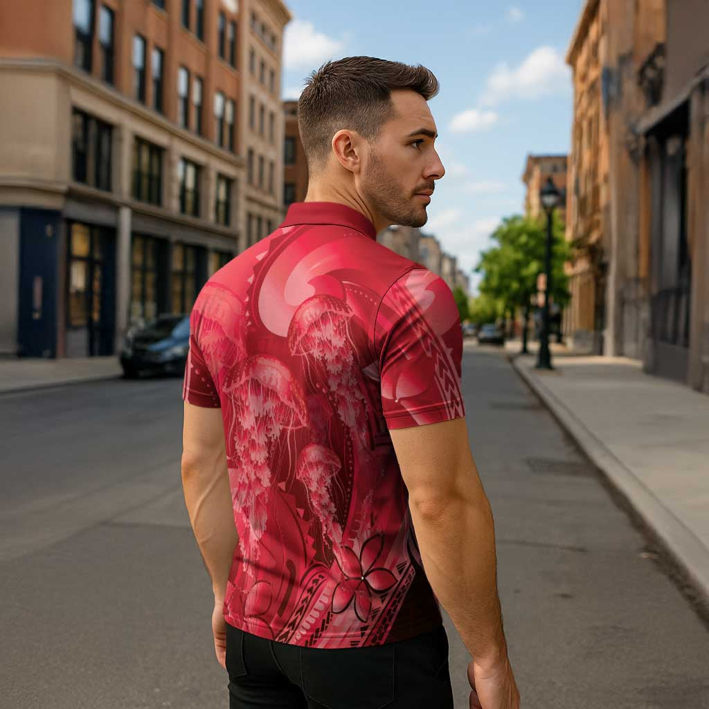 Red Gradient Polynesia Jellyfish Zipper Polo Shirt Plumeria Polynesian Tattoo Glowing Vibes