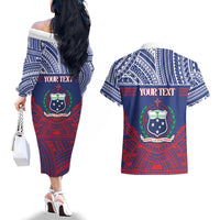 Personalised Samoa Independence Day Couples Matching Off The Shoulder Long Sleeve Dress and Hawaiian Shirt 64th Anniversary Toa O Samoa