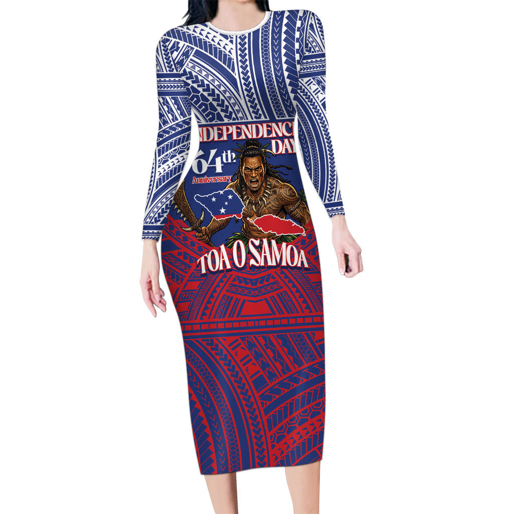 Personalised Samoa Independence Day Family Matching Long Sleeve Bodycon Dress and Hawaiian Shirt 64th Anniversary Toa O Samoa LT14 Mom's Dress Blue - Polynesian Pride