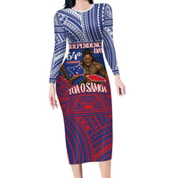 Personalised Samoa Independence Day Family Matching Long Sleeve Bodycon Dress and Hawaiian Shirt 64th Anniversary Toa O Samoa LT14 Mom's Dress Blue - Polynesian Pride