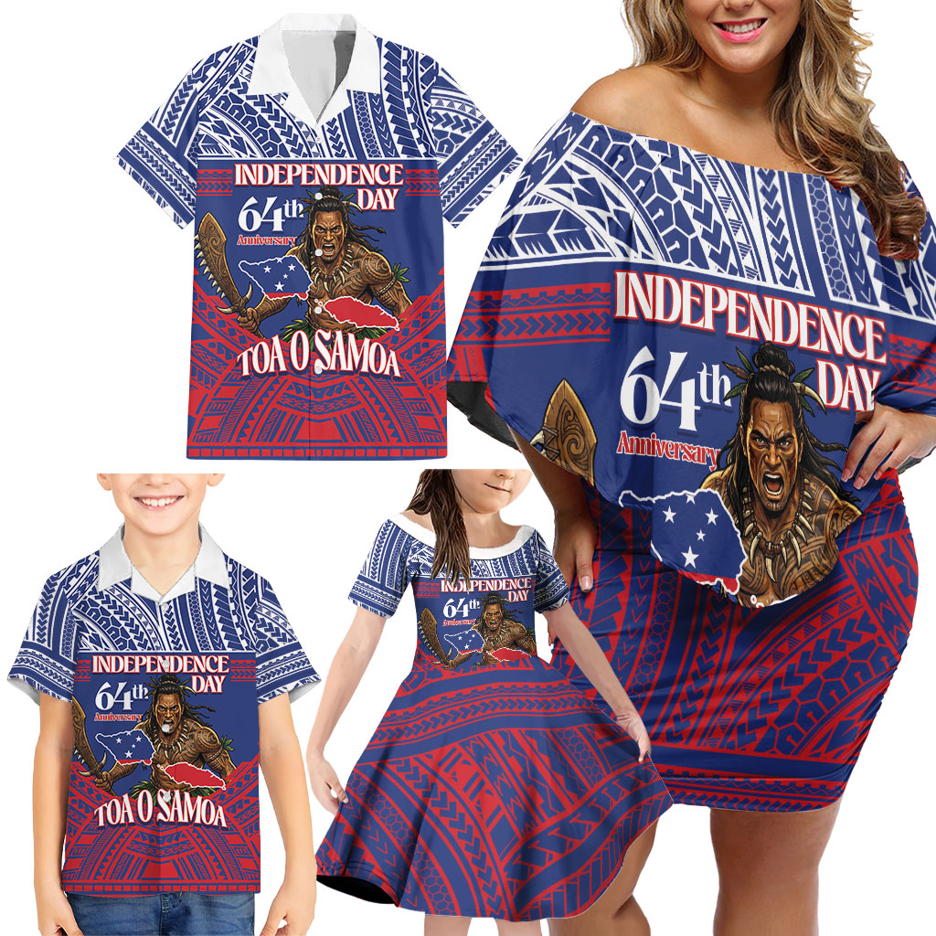 Personalised Samoa Independence Day Family Matching Off Shoulder Short Dress and Hawaiian Shirt 64th Anniversary Toa O Samoa