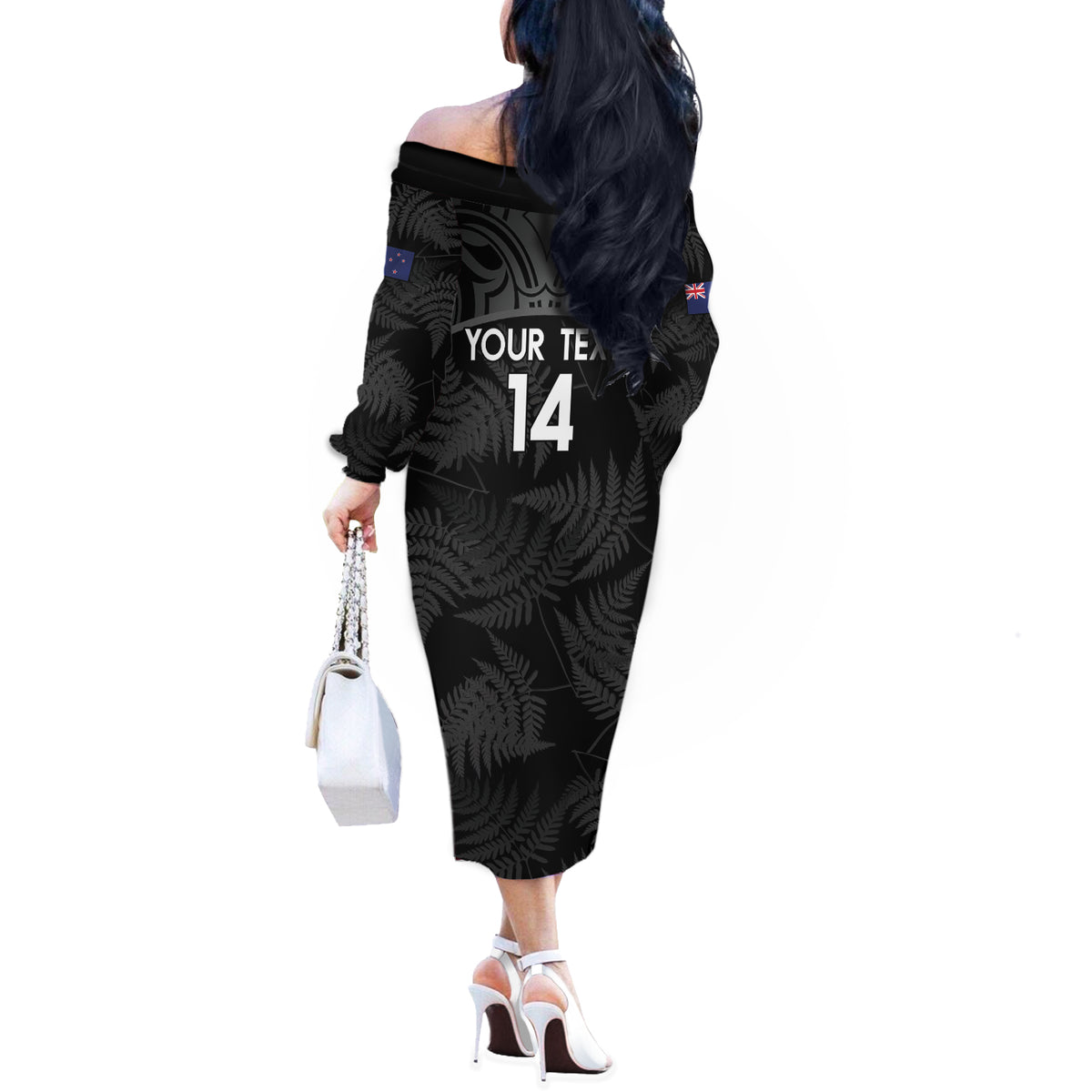 Custom New Zealand Silver Fern Football Off The Shoulder Long Sleeve Dress Summer 2024 Olympic Go Aotearoa