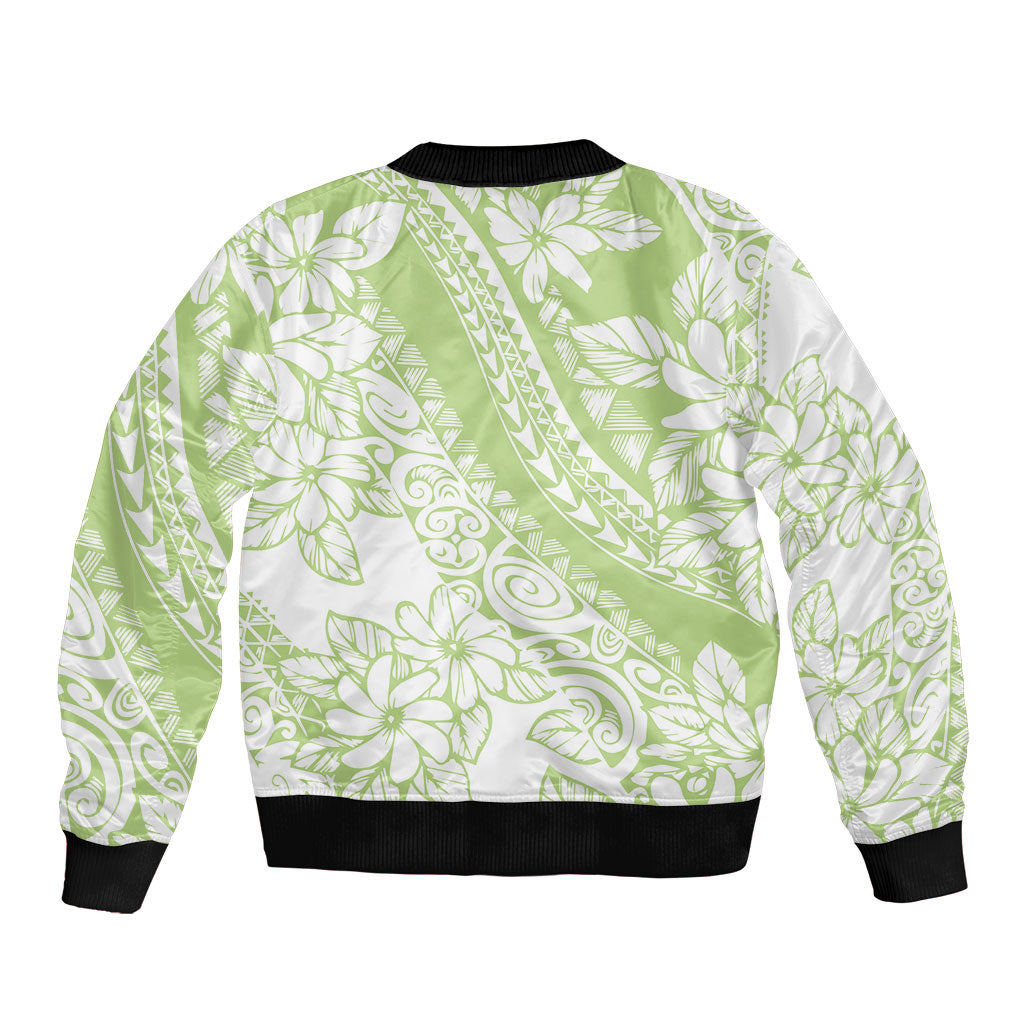 Polynesian Tiare Flower Sage Green Pastel Bomber Jacket