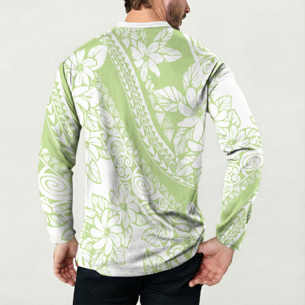 Polynesian Tiare Flower Sage Green Pastel Button Sweatshirt