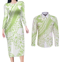 Polynesian Tiare Flower Sage Green Pastel Couples Matching Long Sleeve Bodycon Dress and Long Sleeve Button Shirt