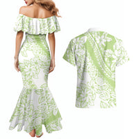 Polynesian Tiare Flower Sage Green Pastel Couples Matching Mermaid Dress and Hawaiian Shirt LT14 - Polynesian Pride