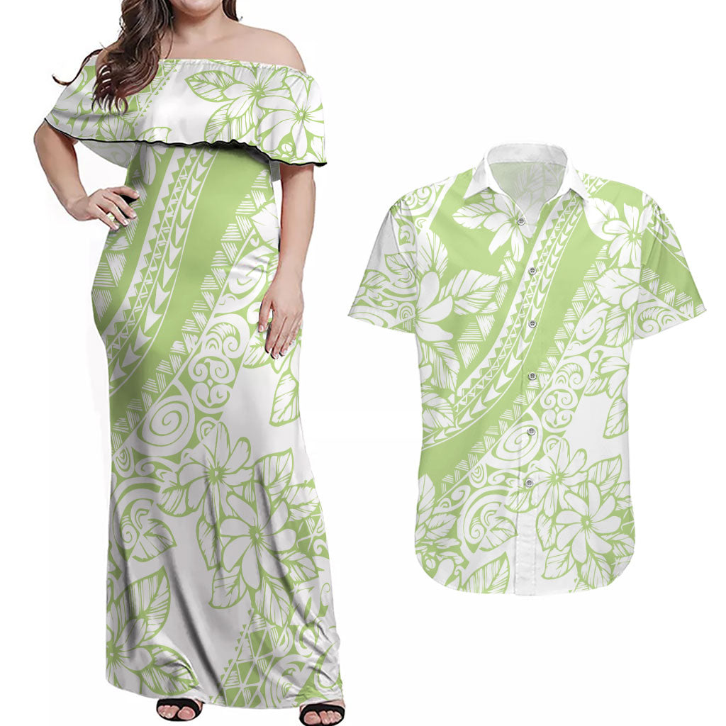 Polynesian Tiare Flower Sage Green Pastel Couples Matching Off Shoulder Maxi Dress and Hawaiian Shirt LT14 Sage Green - Polynesian Pride