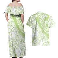 Polynesian Tiare Flower Sage Green Pastel Couples Matching Off Shoulder Maxi Dress and Hawaiian Shirt LT14 - Polynesian Pride