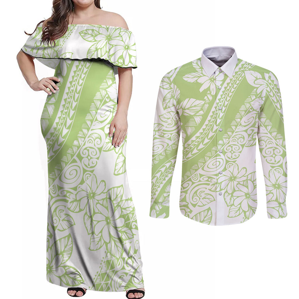Polynesian Tiare Flower Sage Green Pastel Couples Matching Off Shoulder Maxi Dress and Long Sleeve Button Shirt