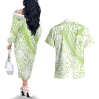 Polynesian Tiare Flower Sage Green Pastel Couples Matching Off The Shoulder Long Sleeve Dress and Hawaiian Shirt LT14 - Polynesian Pride