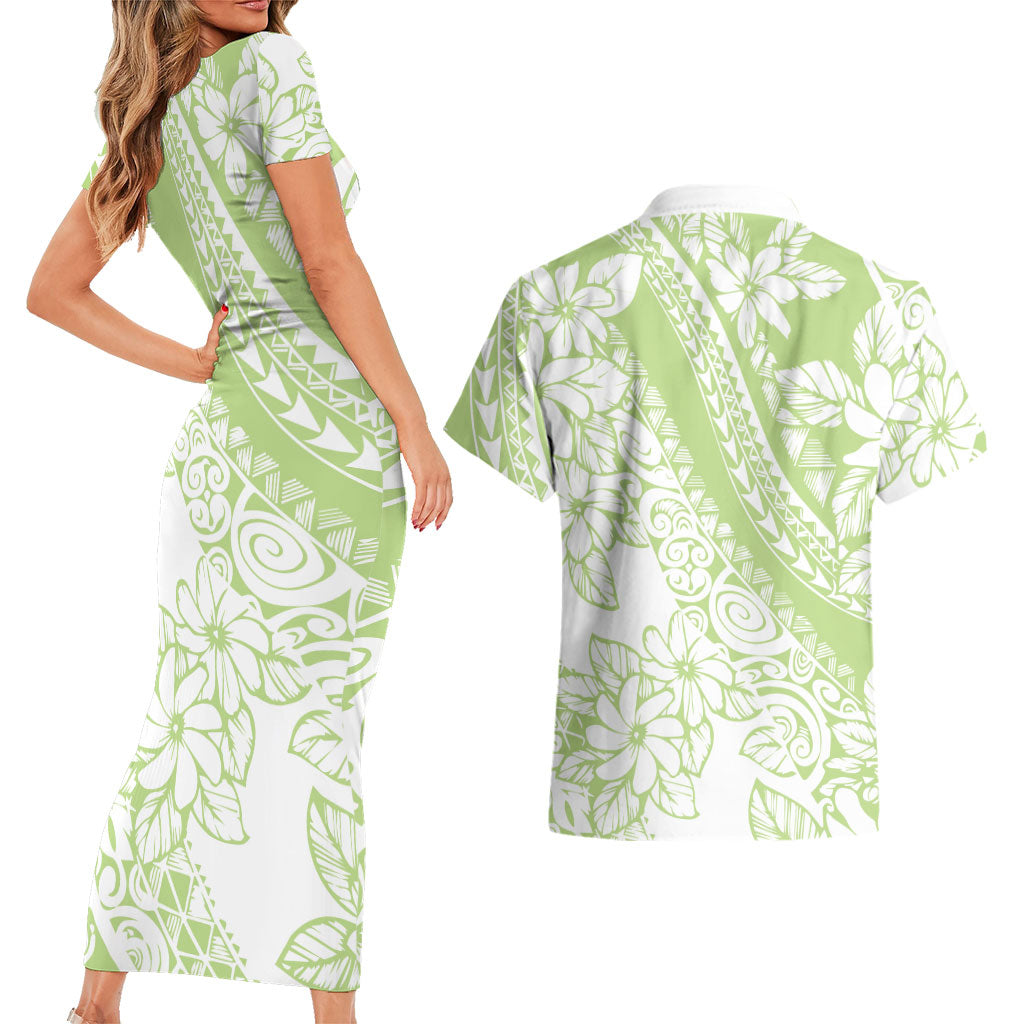 Polynesian Tiare Flower Sage Green Pastel Couples Matching Short Sleeve Bodycon Dress and Hawaiian Shirt LT14 - Polynesian Pride