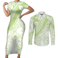 Polynesian Tiare Flower Sage Green Pastel Couples Matching Short Sleeve Bodycon Dress and Long Sleeve Button Shirt LT14 Sage Green - Polynesian Pride