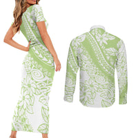 Polynesian Tiare Flower Sage Green Pastel Couples Matching Short Sleeve Bodycon Dress and Long Sleeve Button Shirt LT14 - Polynesian Pride