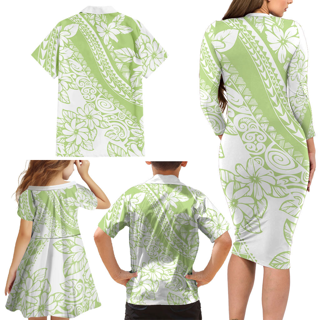 Polynesian Tiare Flower Sage Green Pastel Family Matching Long Sleeve Bodycon Dress and Hawaiian Shirt LT14 - Polynesian Pride