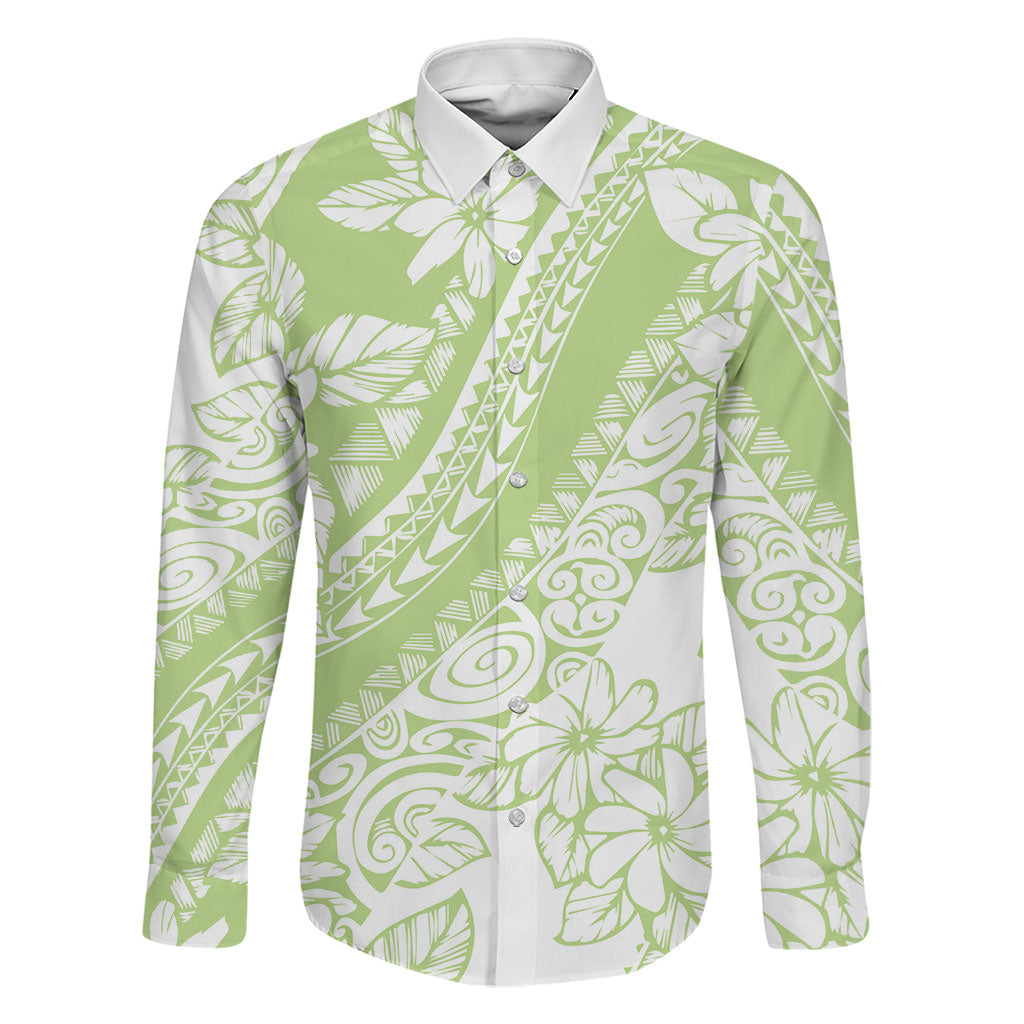 Polynesian Tiare Flower Sage Green Pastel Family Matching Mermaid Dress and Hawaiian Shirt
