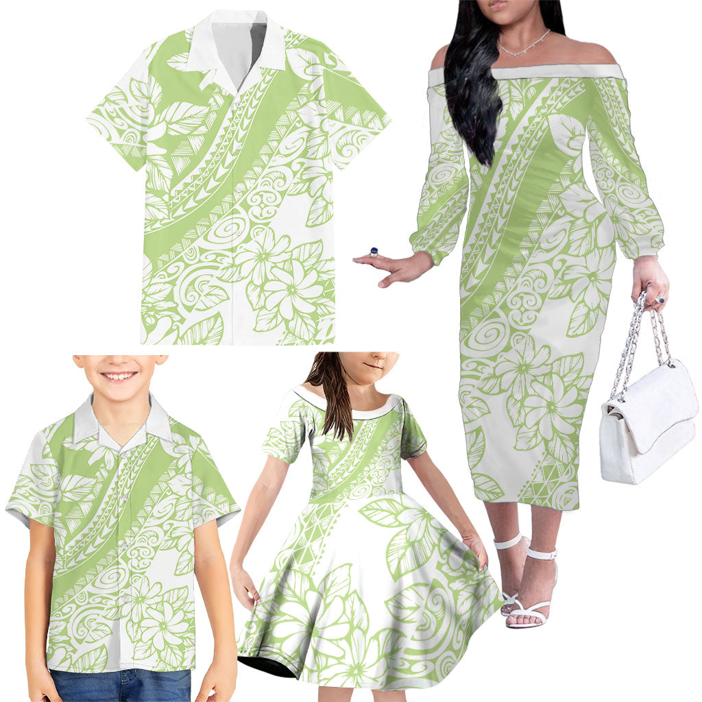 Polynesian Tiare Flower Sage Green Pastel Family Matching Off The Shoulder Long Sleeve Dress and Hawaiian Shirt LT14 - Polynesian Pride