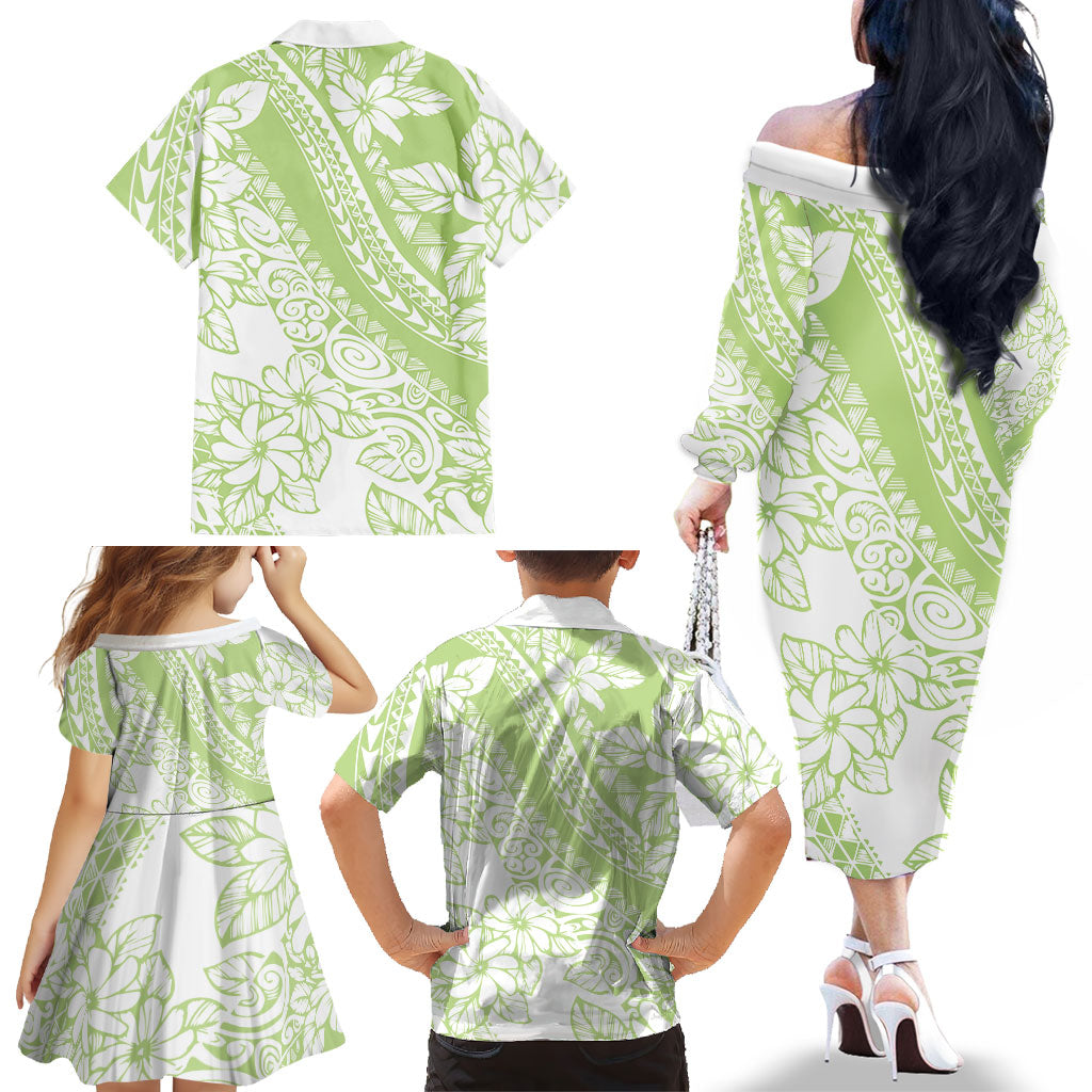 Polynesian Tiare Flower Sage Green Pastel Family Matching Off The Shoulder Long Sleeve Dress and Hawaiian Shirt LT14 - Polynesian Pride